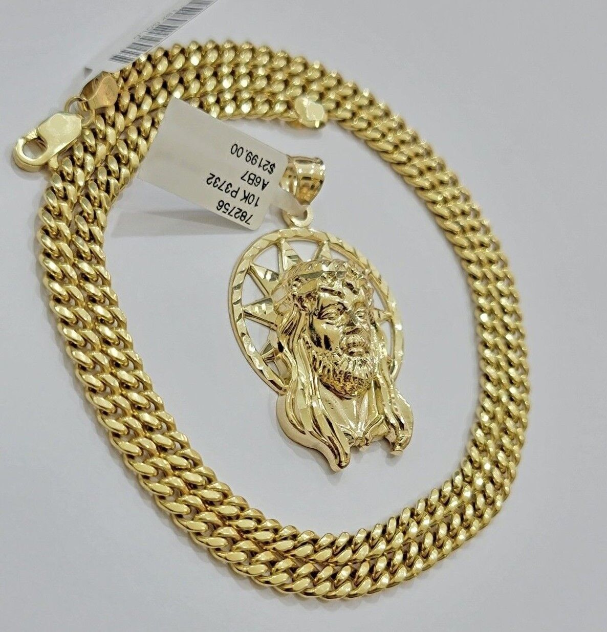 10kt Gold Miami Cuban Chain Jesus Head Charm Pendant Set 18 - 28 Inch 5mm Necklace - GoldenlinQ
